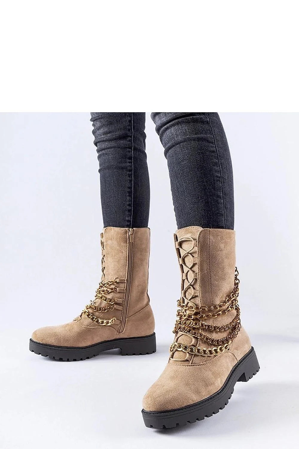 Bottes femmes design chic contemporain cuir synthétique chaînes dorées beige élégant haute qualité confort et sécurité
