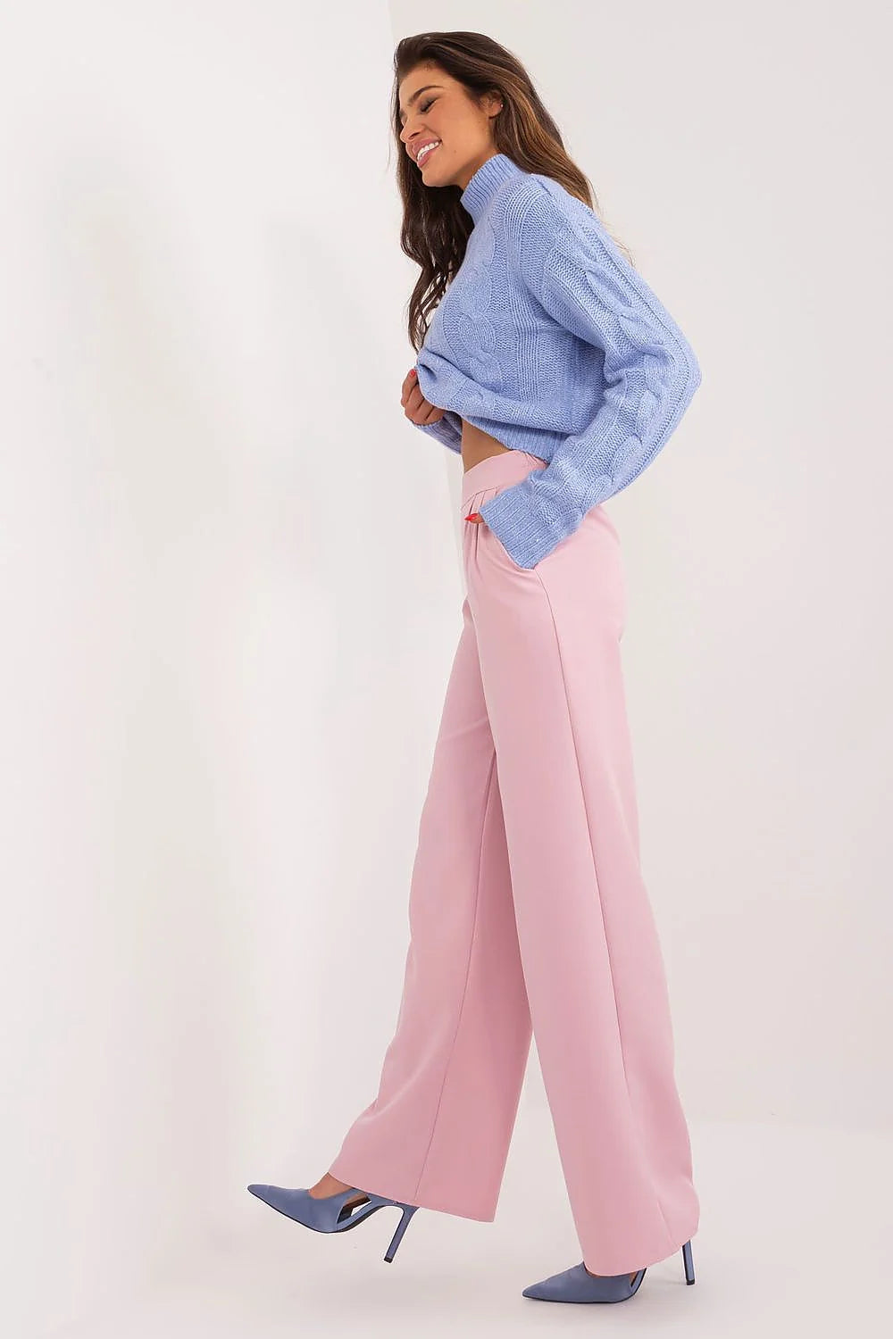 Pantalon femme Rue Paris en polyester, taille haute, jambe droite, rose pâle, pour travail et soirées