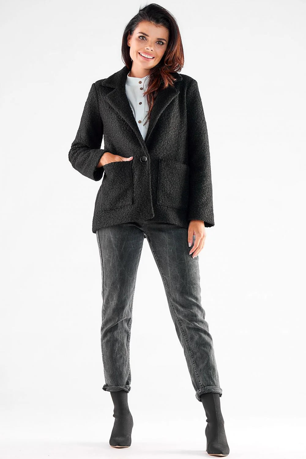 Veste houndstooth classique pour femme en polyester 100% coupe droite bouton central poches carrées doublée Tailles S M L XL
