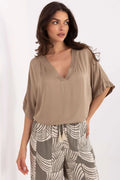 Chemisier fluide pour femme couleur taupe style moderne manches chauve-souris col V profond coupe ample tissu doux viscosé 100%