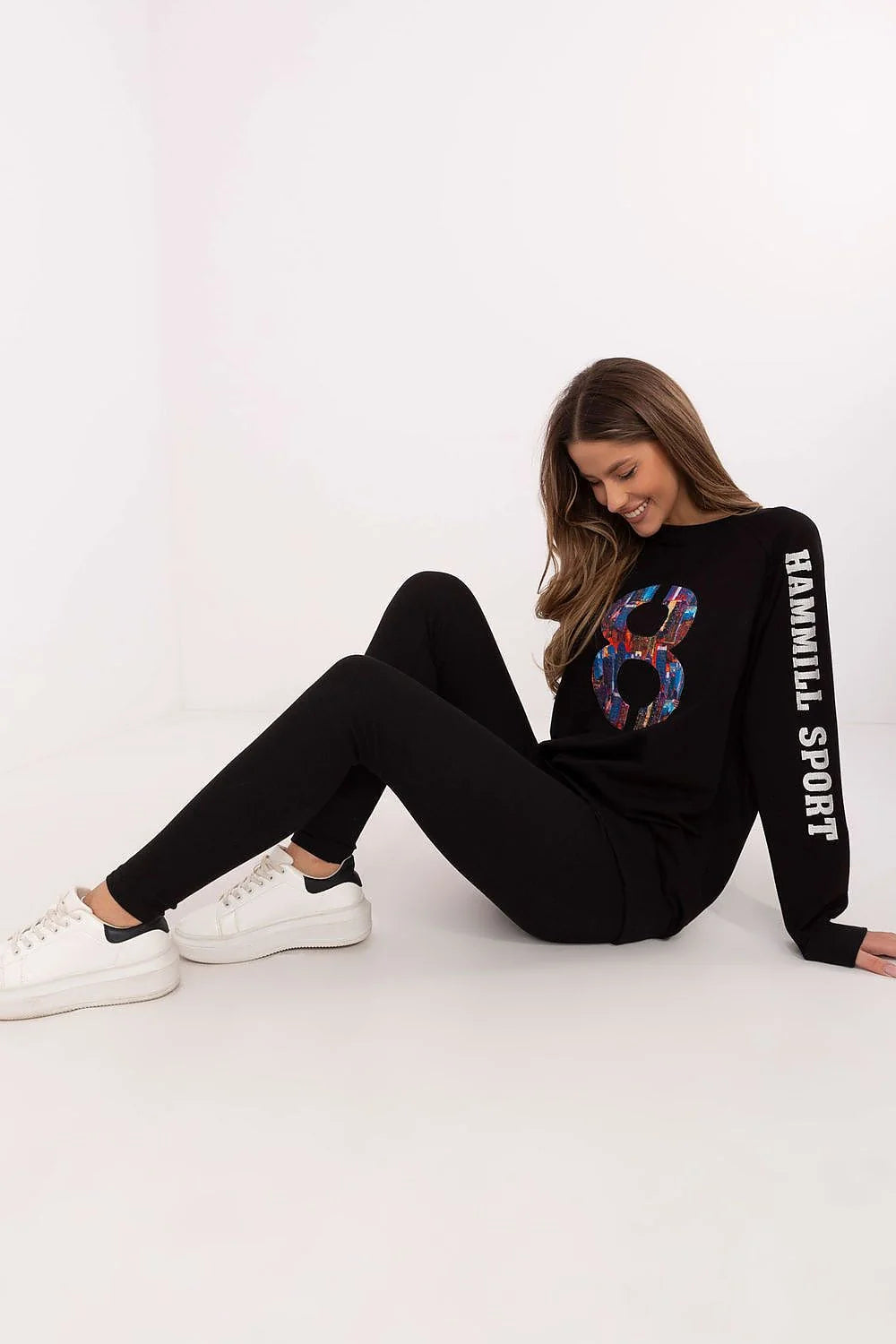 Ensemble sportif pour femme noir avec motif multicolore Miami Sports sweatshirt et leggings ajustés