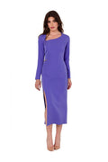 Robe de soirée Makover longue en tissu violet moderne élégante encolure asymétrique manches longues fente haute claspé doré femme occasion formelle
