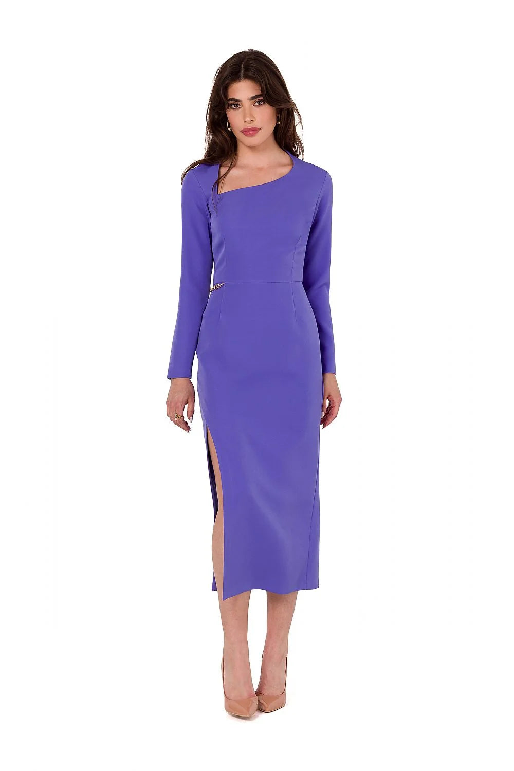 Robe de soirée Makover longue en tissu violet moderne élégante encolure asymétrique manches longues fente haute claspé doré femme occasion formelle