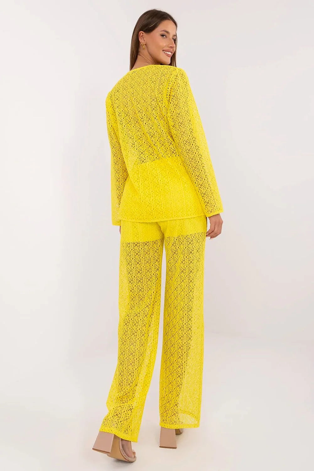 Ensemble féminin Lakerta dentelle jaune vif été plage haut manches longues pantalon taille haute