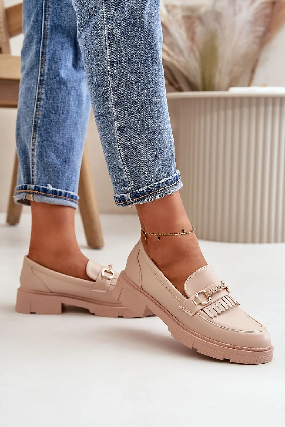 Moccasins Step in style cuir artificiel doré franges beige nude talon 4cm semelle épaisse femmes printemps automne