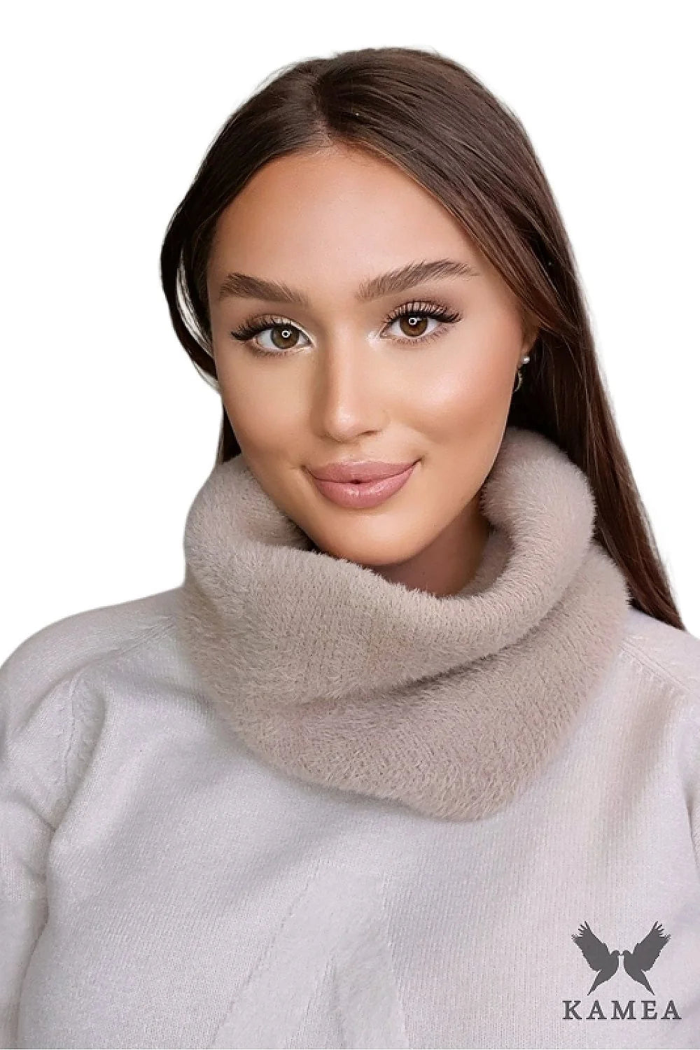 Écharpe Infinity Kamea femme doux chaleur hiver automne beige clair design minimaliste tubulaire ajusté logo discret