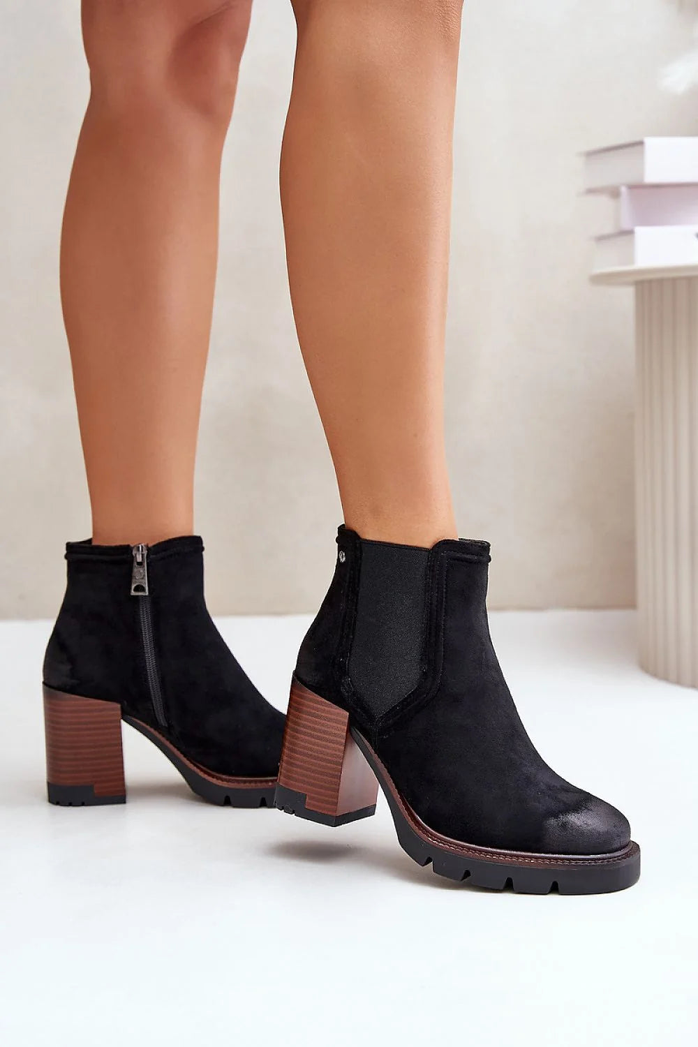 Bottines à talons en suédine écologique style moderne élégant urbain talon stable cheville montante élastique