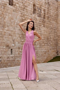 Robe longue élégante pour femme en tissu fluide couleur rose mauve encolure V croisé fente haute ceinture taille ajustable occasion spéciale