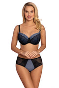 Ensemble de lingerie féminine élégant soutien-gorge culotte style sophistiqué sexy dentelle tissu opaque couleurs bleu noir confort soutien