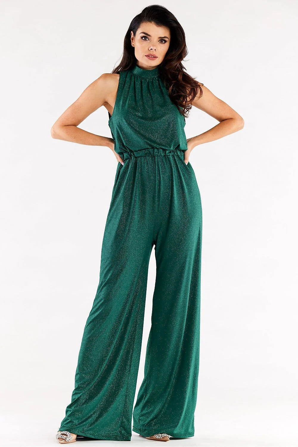 Combinaison awama femme élégante moderne noire scintillante sans manches col noué taille élastiquée occasion spéciale soirée