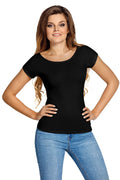 T-shirt noir femme en viscose élasthanne coupe ajustée casual manches courtes style minimaliste moderne