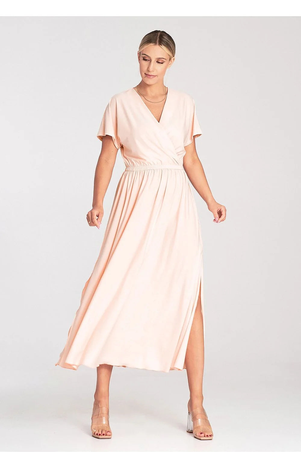 Robe élégante décontractée longue col en V croisé manches courtes taille élastiquée fente latérale pêche pastel femme