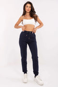 pantalon jogger femme bleu marine slim taille haute élastiquée embouts dorés coupe fuselée bas resserré molleton poches latérales