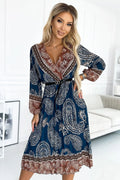 Robe de jour élégante Numoco motif paisley bleu marron manches longues ceinture noire taille ajustable femme