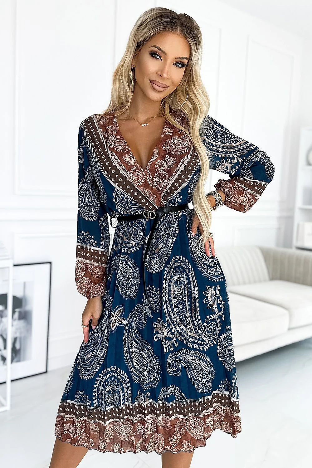 Robe de jour élégante Numoco motif paisley bleu marron manches longues ceinture noire taille ajustable femme