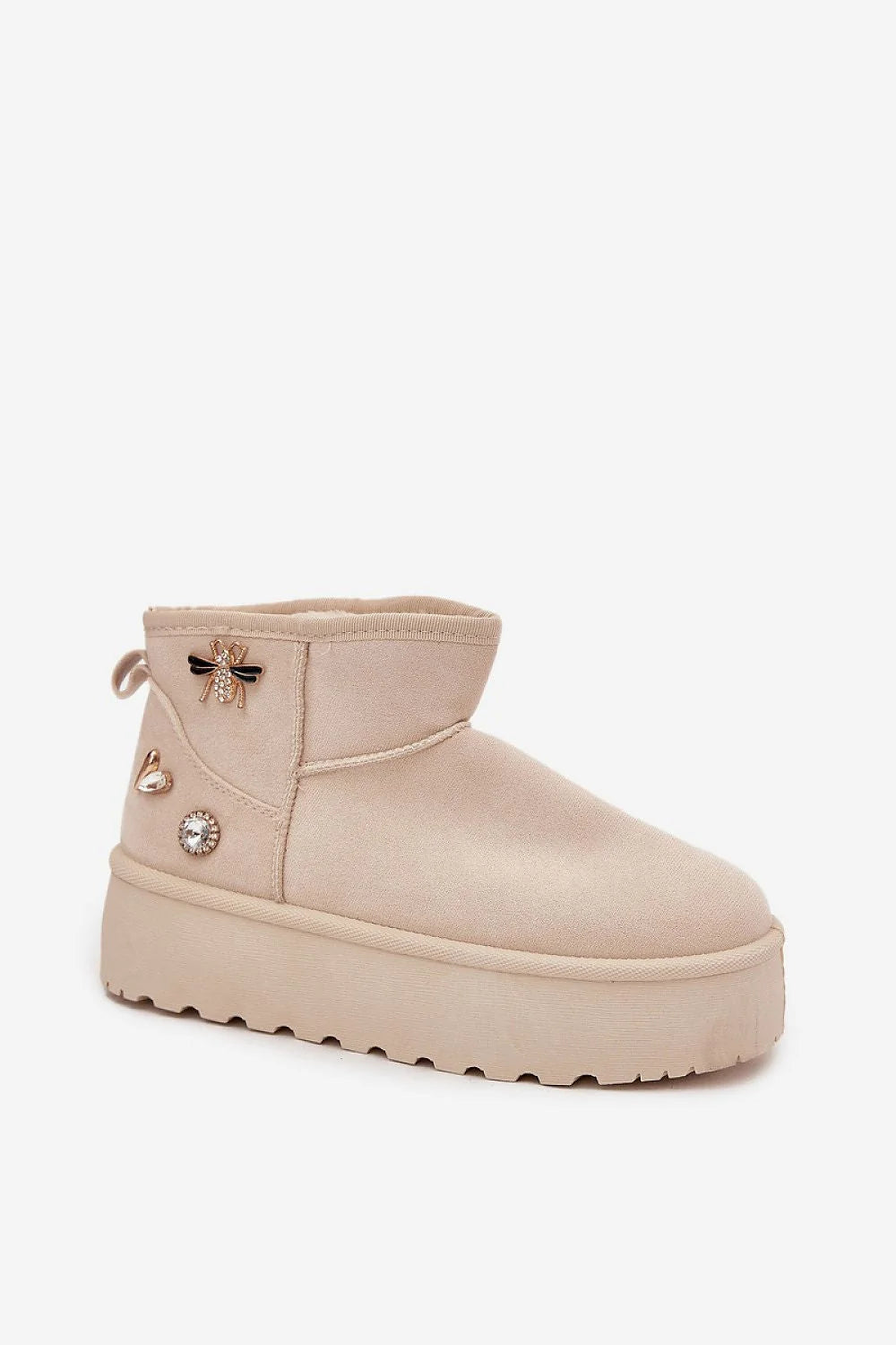 bottines femme neige suédine écologique beige cheville doublure fourrure intérieur chaud plateforme épaisse crantée semelle confortable ornements bijoux strass abeille