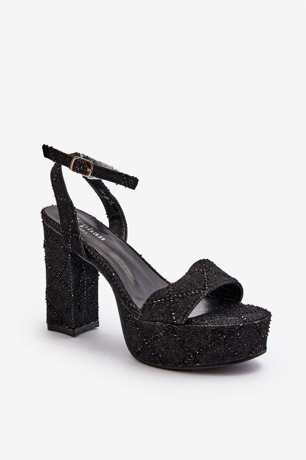 sandales femme stiletto 10cm plateforme 4cm pailletées textile tweed empeigne croisée peeptoe bride cheville boucle argentée semelle cuir écologique confortable