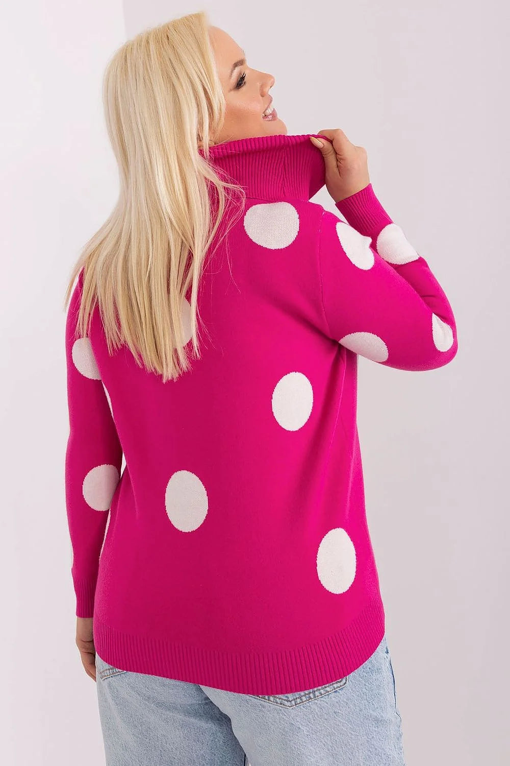 Pull col roulé pour femmes fuchsia pois blancs manches longues coupe ample plus size