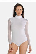 Body Teyli pour femme en blanc manches transparentes col montant coupe ajustée matière aérée élasthanne viscose