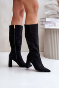 Bottes à talons aiguille en suédine noire élégantes talon carré 9cm fermeture éclair haute tige femmes