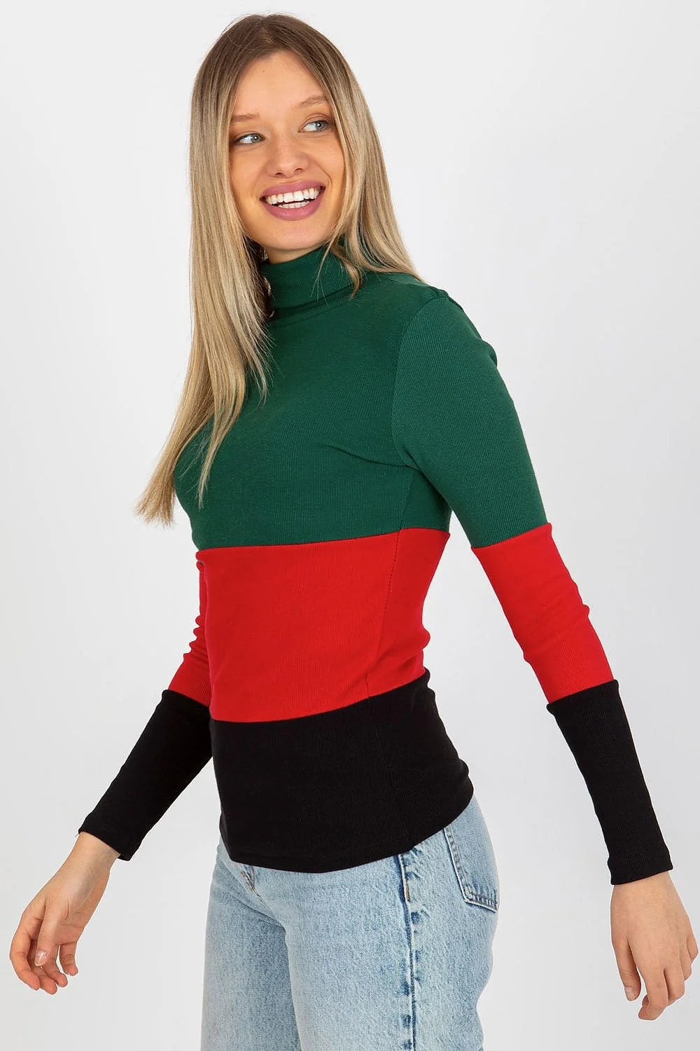Pull col roulé multicolore maille côtelée coton élasthanne bleu rose vert ajusté manches longues ourlets nets design moderne
