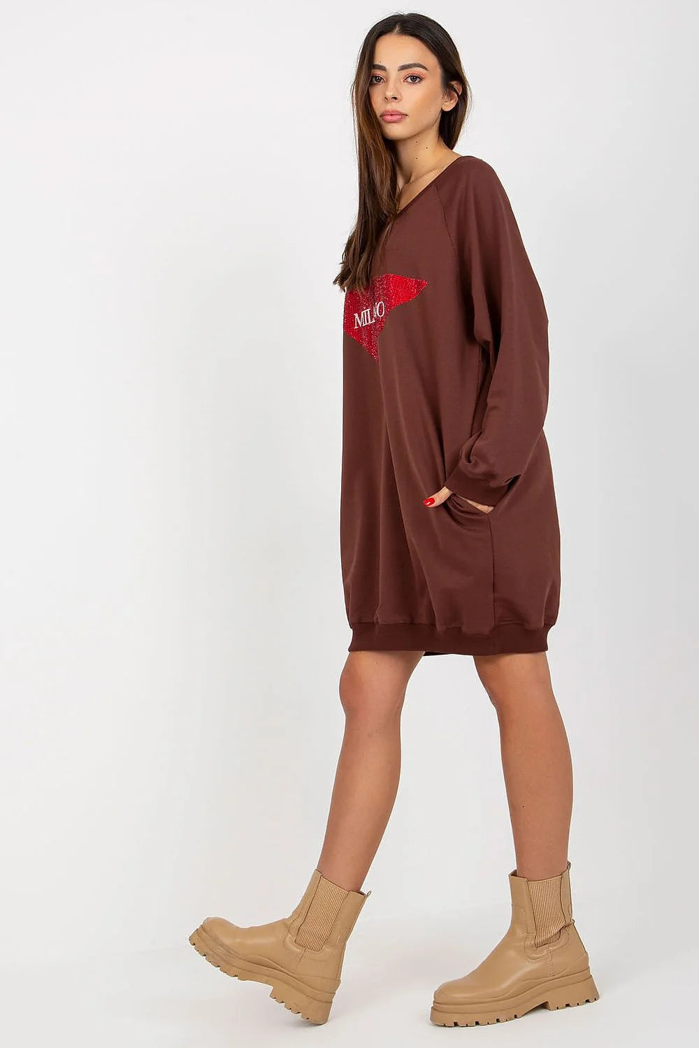 Robe Casual Femme MILANO Coupe Large Manches Longues Col V Coton Mélange Côtelé Finitions Soignées