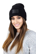 Bonnet en cachemire pour femmes, style classique, rayures noires, doublure en coton, logo simili cuir, confort hiver, accessoire mode