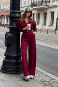 ensemble femme bordeaux élégant confortable jersey doux extensible colV manches bouffantes boutons dorés taillehaute pantalon large