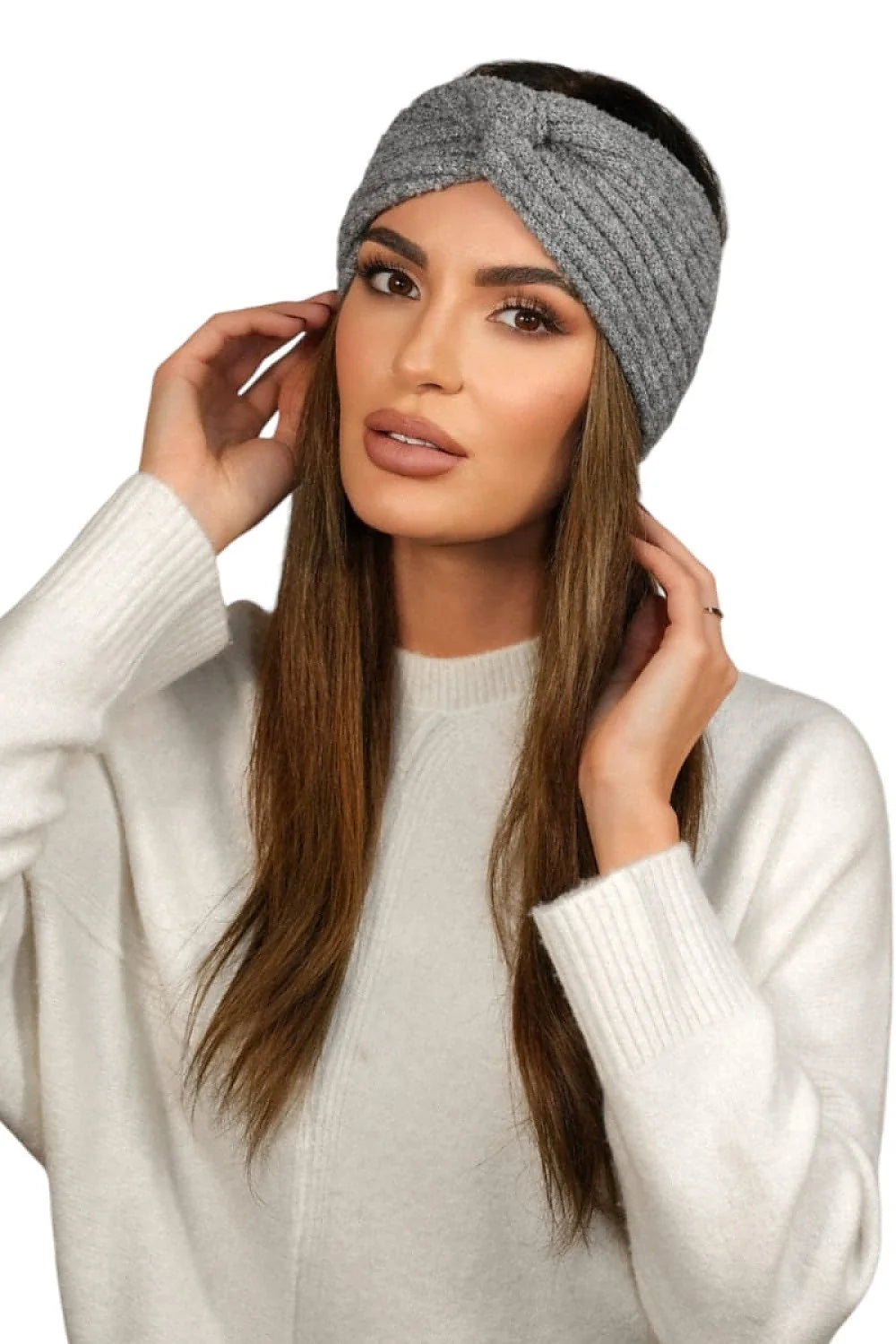 Bandeau Kamea en laine mélange style turban nœud central gris chiné femmes hiver accessoire mode élégance protection thermique