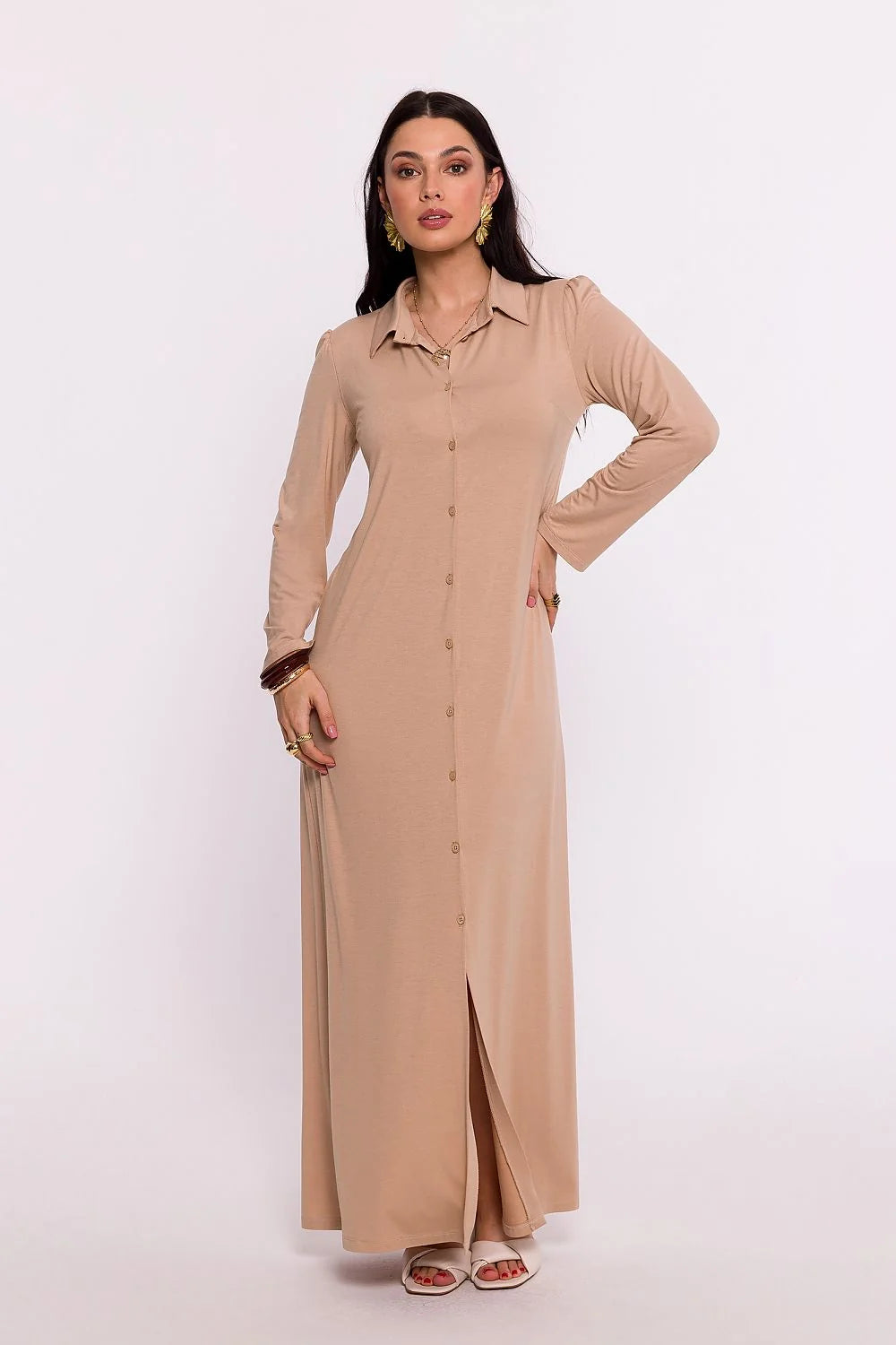 Robe longue élégante Be Wear manches longues col chemisier beige viscose fente avant occasionnels femmes