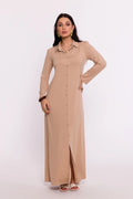 Robe longue élégante Be Wear manches longues col chemisier beige viscose fente avant occasionnels femmes