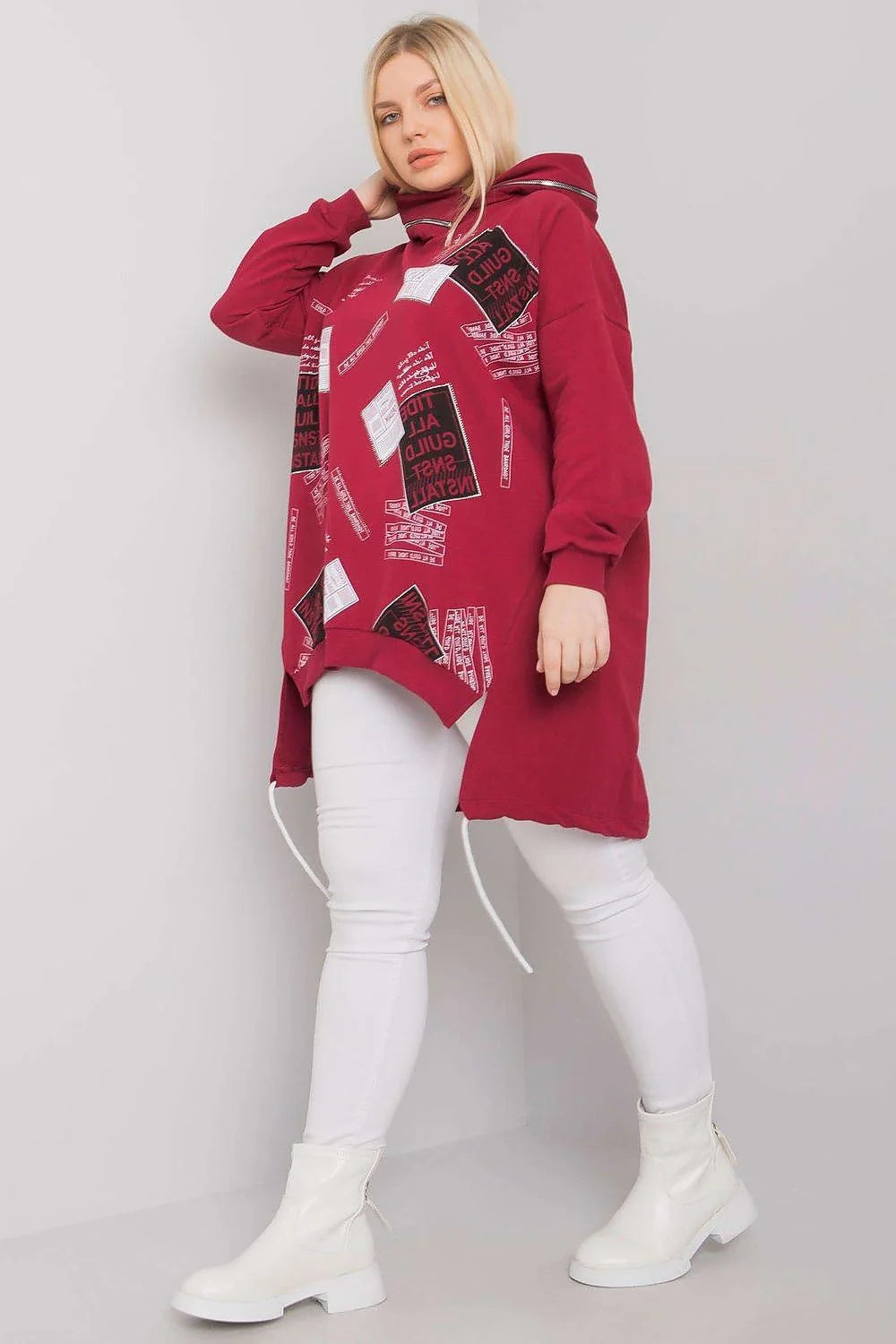 Pullover long pour femmes style casual contemporain graphique imprimé asymétrique couleur bordeaux matériau coton doux polyester