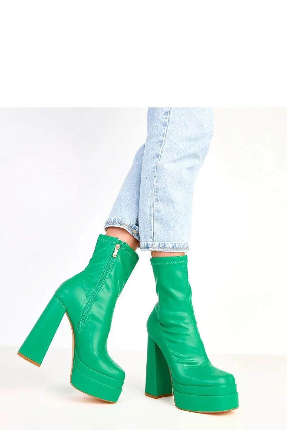bottines femme mi mollet plateforme 5cm talon bloc 15cm bout arrondi cuir synthétique verni vert émeraude zip latéral