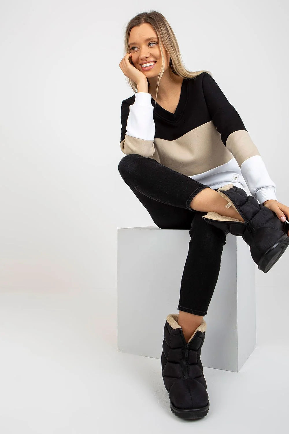 sweatshirt femme coton colorblock noir beige blanc col V oversize manches longues emmanchures tombantes molleton doux
