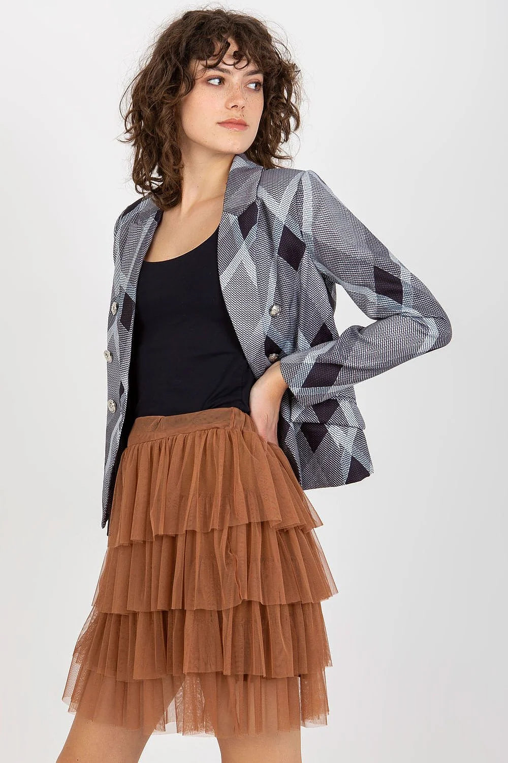 Ensemble blazer et jupe Och Bella tweed bleu clair, tulle marron, modern style sophistiqué