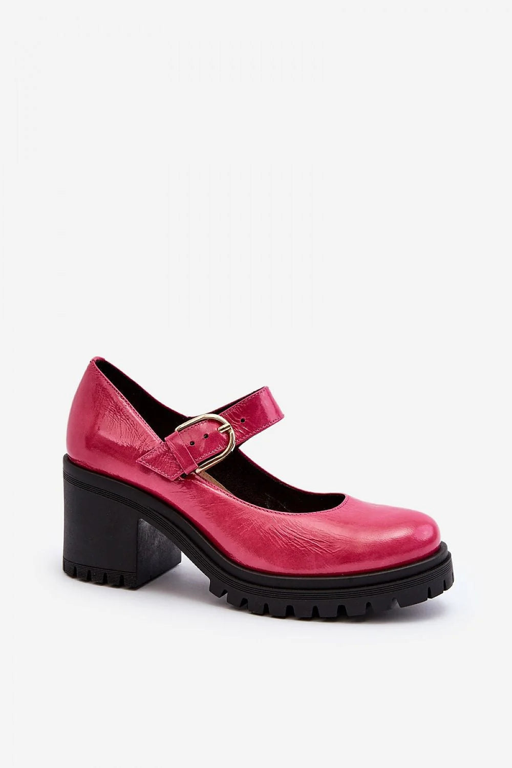 Escarpins élégants à talon block cuir verni rose vif Mary Jane bride métallique dorée femmes occasionnels