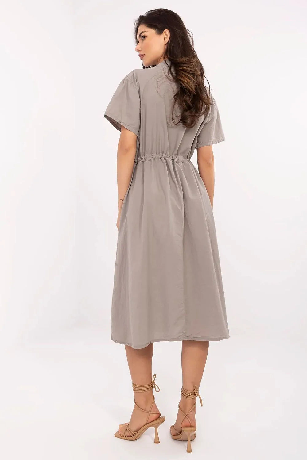Robe de jour élégante Italy Moda style décontracté coton viscose manches courtes col Mao taille ajustable femmes robe midi taupe