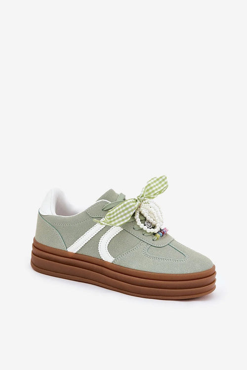 baskets femme lowtop plateforme suédine vert menthe rayure blanche semelle épaisse marron lacets vichy perles multicolores