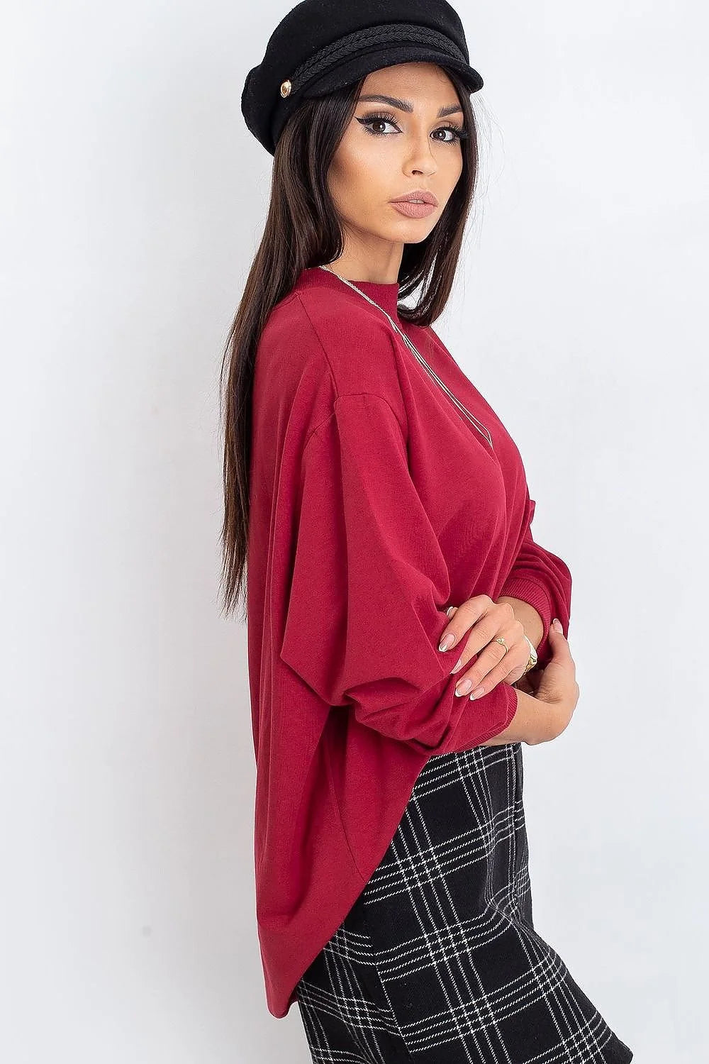 Sweatshirt BFG pour femme en coton 90% élasthanne 10%, style casual oversize, couleur bleu vif, manches longues, col rond côtelé, idéal pour tenues urbaines et décontractées