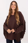 femme oversize pull marron chocolat viscose polyester doux confortable coupe ample col rond manches longues franges suédine rivets argentés bohème