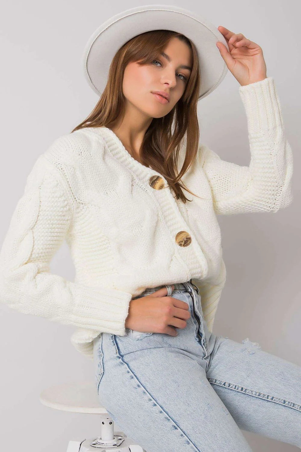Cardigan Rue Paris moderne texturé V-neck en laine acrylique blanc manches longues boutons bois côtelé coupe ample femmes automne-hiver