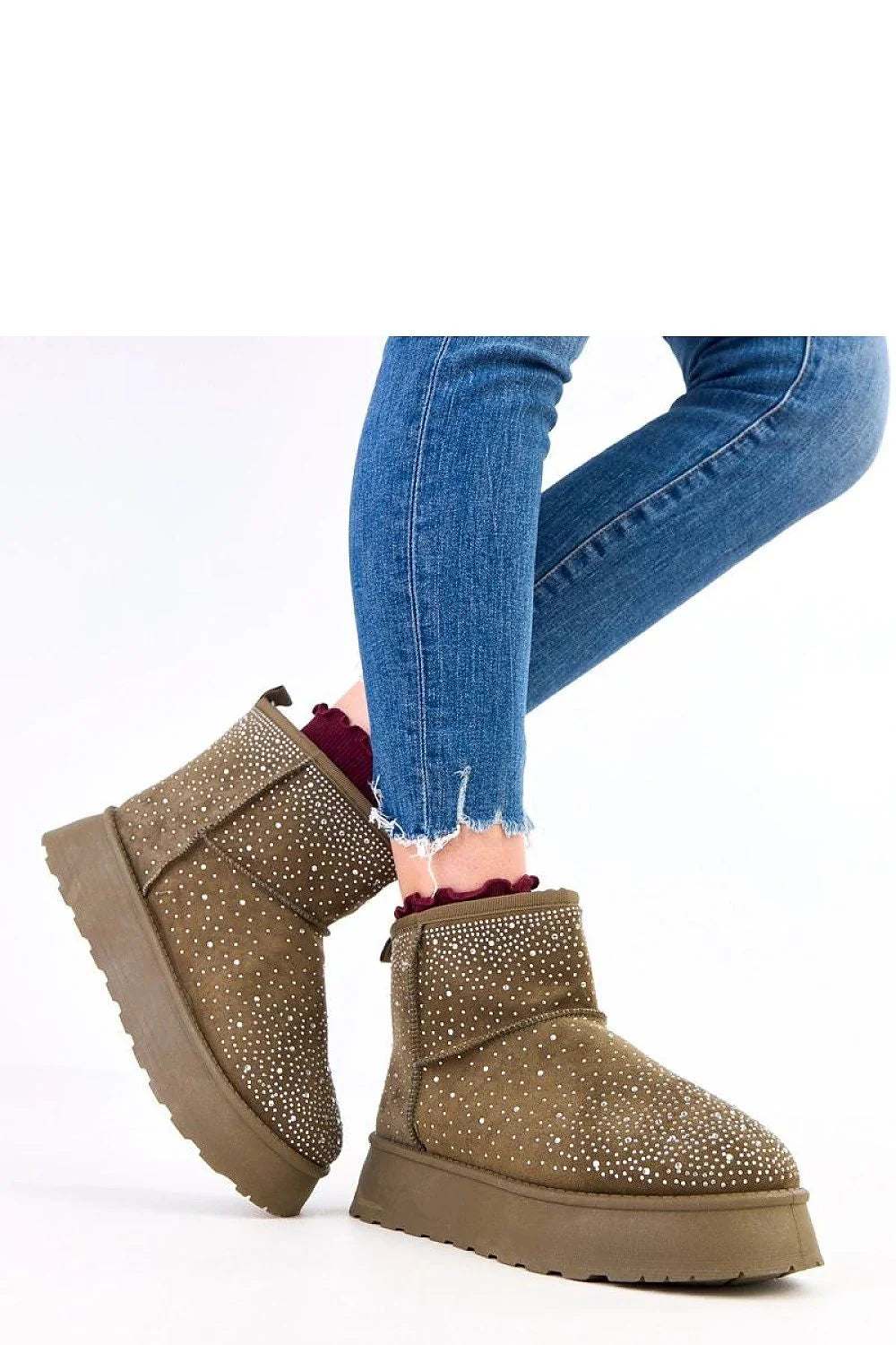 bottines femme suédine kaki strass scintillants plateforme chunky bout rond talon plat doublure fourrée semelle crantée bride arrière chaleur confort