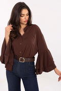 chemisier femme marron chocolat manches longues volants superposés cloche col mao boutonné poche tissu fluide satiné coupe courte