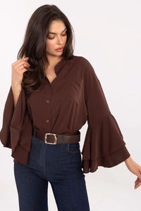 chemisier femme marron chocolat manches longues volants superposés cloche col mao boutonné poche tissu fluide satiné coupe courte