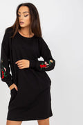Robe de jour Rue Paris en coton élasthanne manches longues broderie florale poches latérales femmes