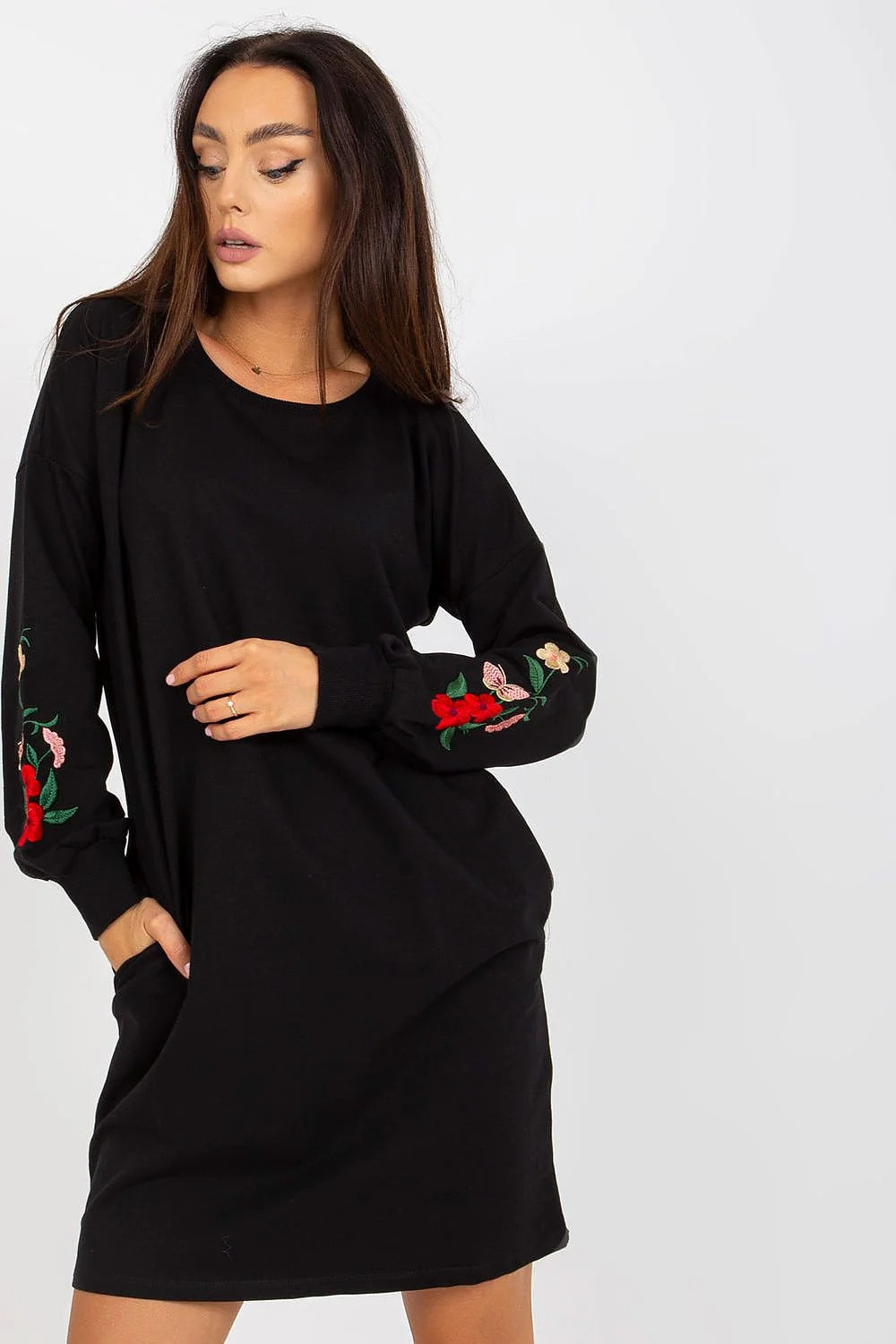 Robe de jour Rue Paris en coton élasthanne manches longues broderie florale poches latérales femmes
