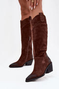 bottes cowboy femmes daim naturel marron tige hauteur genou bout pointu patiné fermeture éclair latérale talon bloc épais
