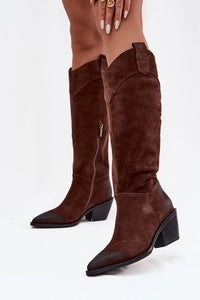 bottes cowboy femmes daim naturel marron tige hauteur genou bout pointu patiné fermeture éclair latérale talon bloc épais