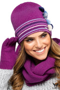 Bonnet écharpe gants assortis mode élégant hiver prune bleu crème femme tricot laine doux confort
