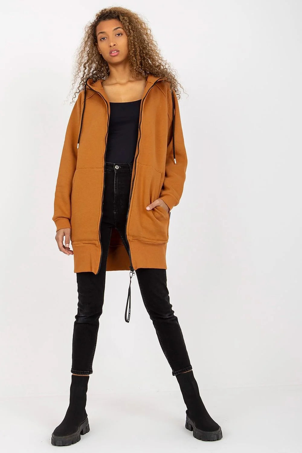 Sweatshirt femme Rue Paris longue manches longues capuche fermeture éclair beige sable coton élasthanne polyester veste Casual Moderne